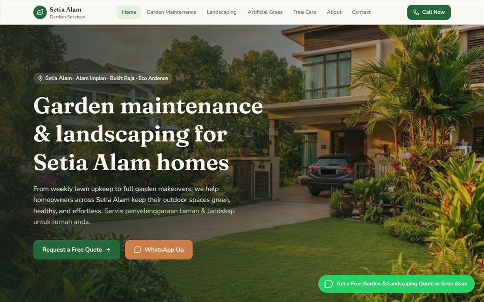 Screenshot of the Setia Alam Garden Services website
